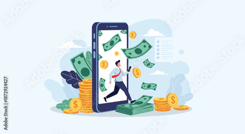 Businessman running out of a smartphone screen surrounded by flying money and coins, symbolizing mobile banking and online income.