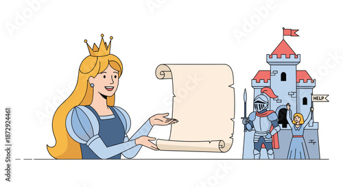 A cartoon princess presents a blank scroll for your message, with a knight guarding a castle and a damsel in distress.