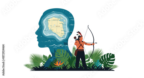 Double exposure of a human head silhouette with a map and an indigenous hunter with a bow, representing native culture.