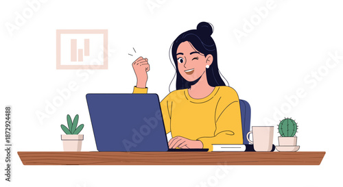 A happy young woman winking and making a fist pump gesture while working on her laptop, celebrating success or achievement.