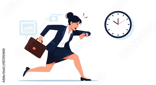 A stressed businesswoman in a suit is running late, checking her watch with a shocked expression as she races against a clock.