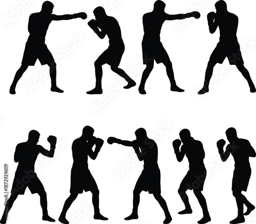 Professional Boxing Silhouette Set with Athletes Punching and Sparring in Different Poses for Martial Arts Training Fitness and Sports Design