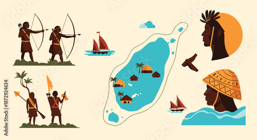 An illustrative set about the Sentinelese people, showing the island, hunters with bows, and portraits of the indigenous tribe.