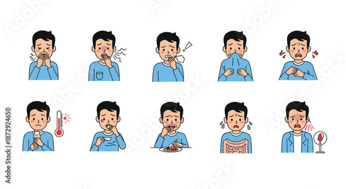A character set showing a man with various symptoms of sickness, including fever, cough, sore throat, and stomach ache.