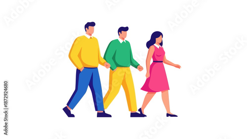 Three diverse friends walking together in a line, showcasing unity and companionship in a casual outdoor setting.