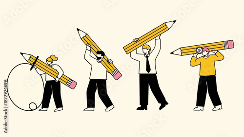 Four people of varying heights and genders are depicted in a minimalist illustration, each holding a large yellow pencil in different poses, suggesting creativity and the act of writing or drawing.