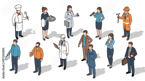 A diverse group of professionals from various industries standing together, showcasing a range of occupations and attire.