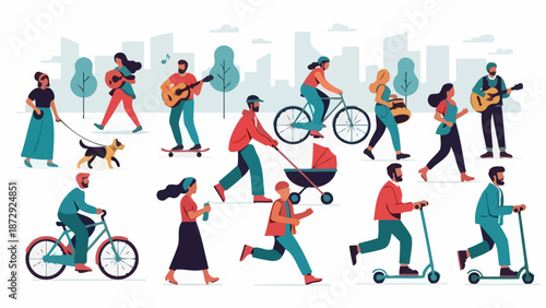 Diverse group of people enjoying various outdoor activities in a city park with a skyline in the background.