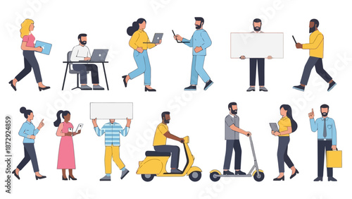 A diverse group of people engaged in various activities, including working on laptops, holding signs, riding scooters and motorcycles, and interacting with technology.