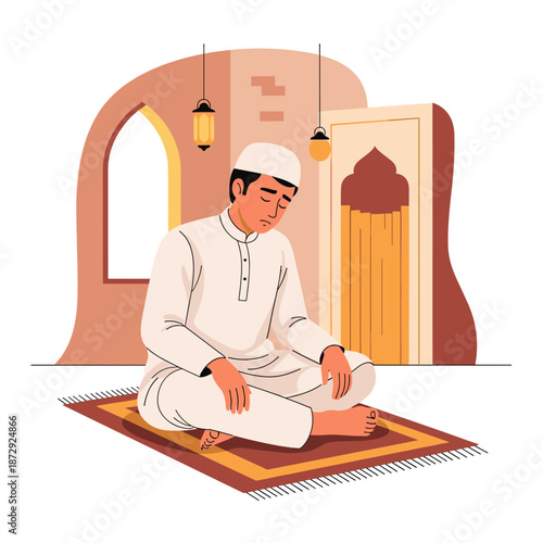 Worship Activities Inside a Serene Mosque with a Devout Man Engaged in Prayer on a Carpet