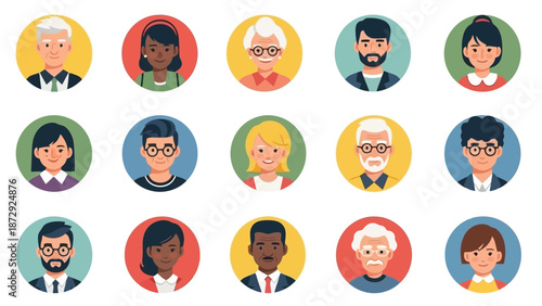 A diverse collection of cartoon avatars representing people of various ages, genders, and ethnicities, displayed in a grid format.
