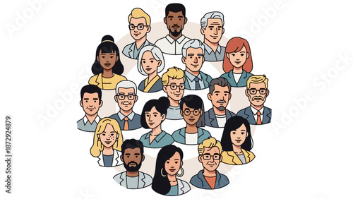A diverse group of people of various ages, genders, and ethnicities are depicted in a circular arrangement, showcasing community and inclusion.