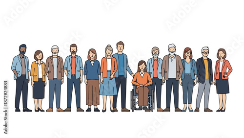 A diverse group of people of various ages, ethnicities, and abilities standing together in a line.