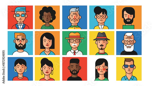 A diverse collection of stylized, flat illustration portraits of people with various hairstyles, facial hair, and accessories.