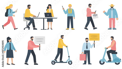 A collection of diverse people engaged in various activities, including commuting, working, and protesting, depicted in a flat, modern illustration style.