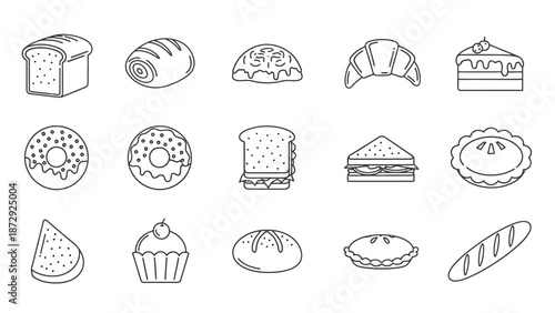 Bakery Bread and Pastry Outline Icon Set – Minimal Line Food Icons for Menu, Website, and App Design