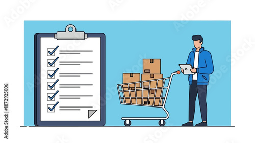 A man with a tablet checks a shopping list next to a full shopping cart filled with boxes, symbolizing order fulfillment and inventory management.