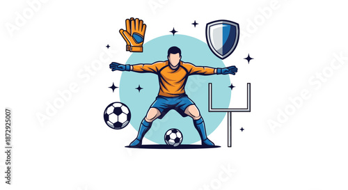 A soccer goalkeeper in a ready stance, surrounded by essential football equipment like balls, gloves, a shield, and a goalpost.