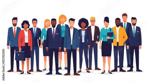 A diverse group of professionals standing together, showcasing teamwork and unity in a corporate setting.