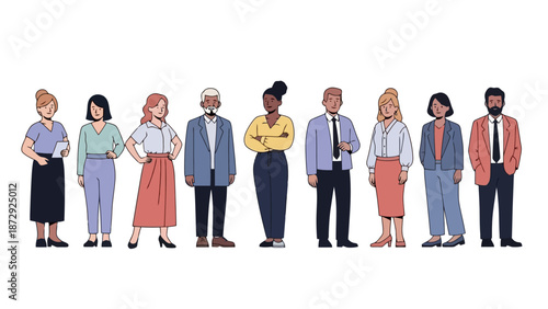 A diverse group of nine professionals, men and women of various ages and ethnicities, stand together in a line against a white background.