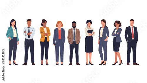 A diverse group of nine professionals, including men and women of various ethnicities and ages, standing in a line against a white background, dressed in business attire.