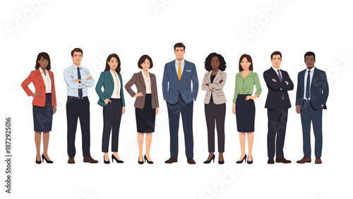 A diverse group of nine business professionals, including men and women of various ethnicities and ages, stand in a line against a white background, dressed in formal business attire.