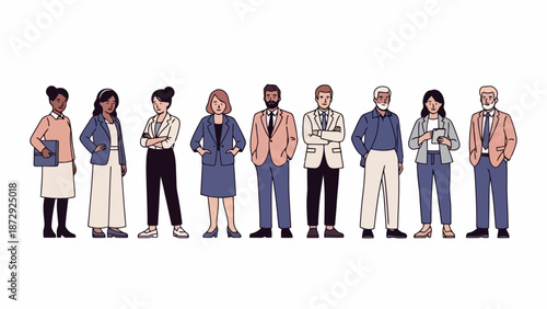 A diverse group of nine professionals, including men and women of various ages and ethnicities, standing together in a line, dressed in business casual attire.