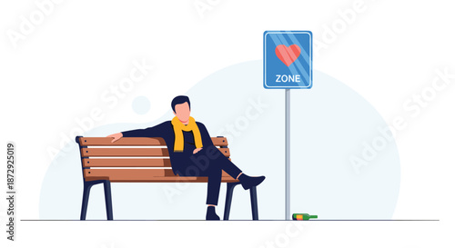 A lonely man sits on a park bench next to a 'Love Zone' sign with a heart symbol and an empty bottle on the ground.