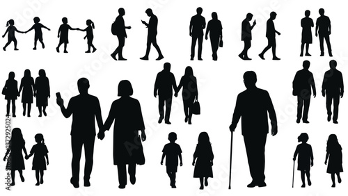 A collection of black silhouettes of people of various ages and relationships, including couples, families, and individuals, engaged in everyday activities.