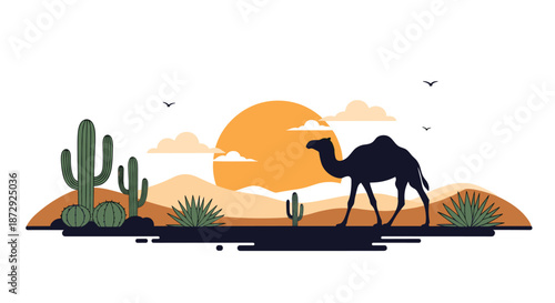 A silhouette of a camel walking through a vast desert landscape at sunset, with cacti and mountains in the background.