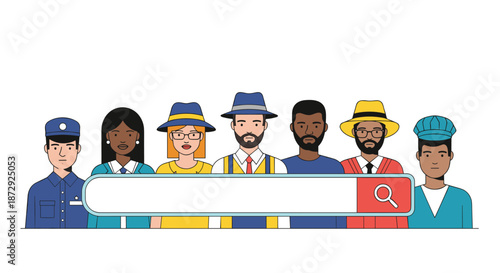 A diverse group of people representing various professions standing behind a large, empty search bar for job recruitment concepts.