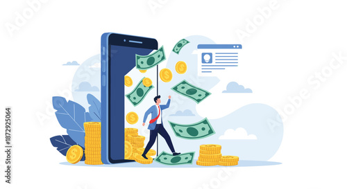 Businessman walking out of a smartphone screen into a pile of money, symbolizing online income, mobile banking, and profit.
