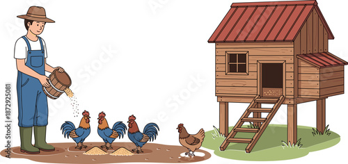 Young male farmer in overalls feeding chickens with grain near wooden coop, rural agriculture vector illustration isolated on white background.