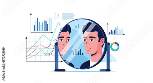 A man looking at his confident reflection in a mirror, with business charts and graphs in the background showing self-analysis.