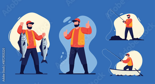 Collection of vector illustrations showing a fisherman in various poses: holding his catch, giving a thumbs up, and fishing.