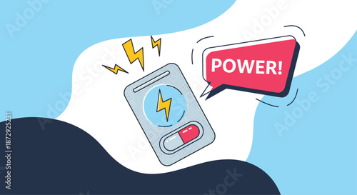 Conceptual illustration of a powerful energy pill in a blister pack with a lightning bolt symbol and a power speech bubble.