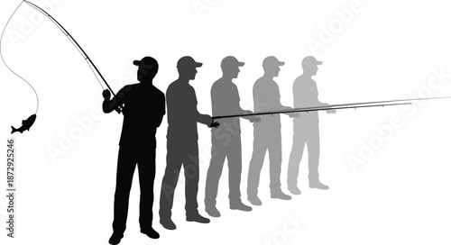 Sequence Silhouette of Fisherman Catching Fish Showing Motion Stages of Casting and Reeling Progress on a Clean White Background