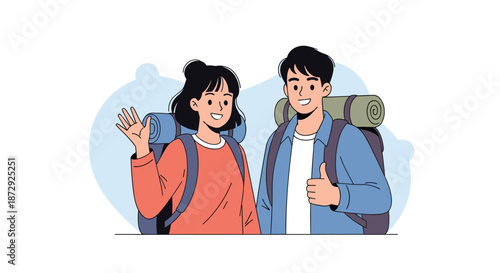 Happy young couple with backpacks ready for a travel adventure, with the woman waving and the man giving a thumbs up gesture.