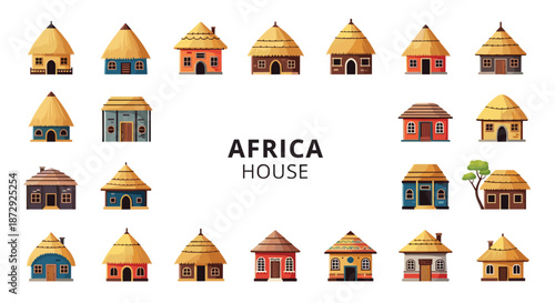 Large collection of colorful vector illustrations showcasing diverse traditional African houses, huts, and village architecture styles.