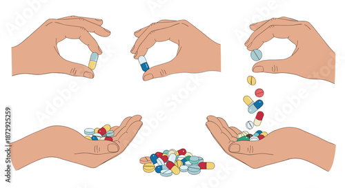 Collection of hand-drawn illustrations showing hands holding, giving, and pouring various colorful pills, capsules, and tablets.