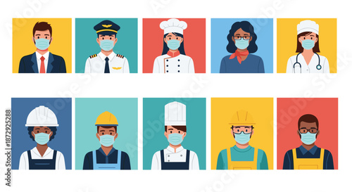Diverse set of professional avatars, including doctors, pilots, and chefs, all wearing medical face masks during a pandemic.