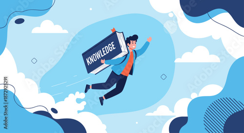 Young man flying through the sky with a large book labeled knowledge on his back, symbolizing the power of education and learning.