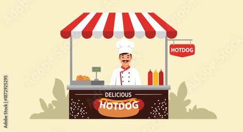 Friendly chef with a mustache serving food from a delicious hot dog street food cart with a red and white striped awning.