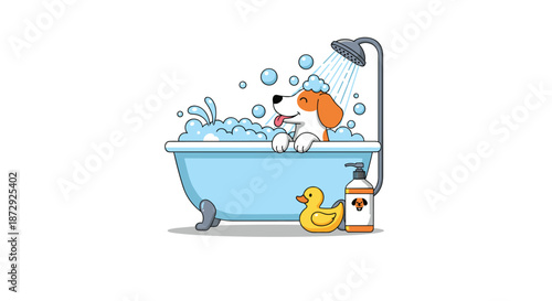 Cute cartoon beagle dog enjoying a fun bubble bath in a blue tub with a rubber duck and a bottle of pet shampoo nearby.