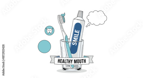 Dental care concept illustration with a toothbrush and toothpaste in a glass, promoting a healthy mouth and a bright smile.