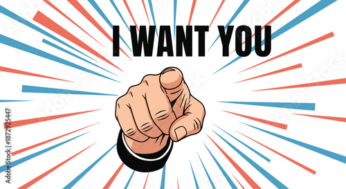 Classic retro poster with a hand pointing directly at the viewer with the message I want you, for recruitment and motivation.