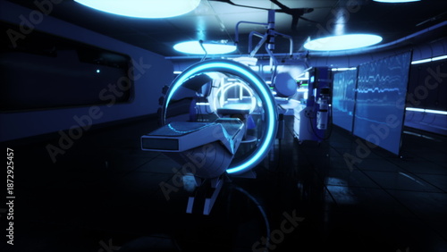 Obraz na plátně Inside a modern medical facility, advanced equipment and screens illuminate the space with vibrant blue lights