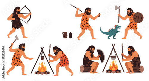 Set of cartoon illustrations showing a prehistoric caveman character hunting, making fire, cooking, and fighting a dinosaur.