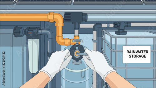 A detailed illustration showcasing the process of maintaining a rainwater harvesting system, with hands adjusting a filter component for optimal water quality.
