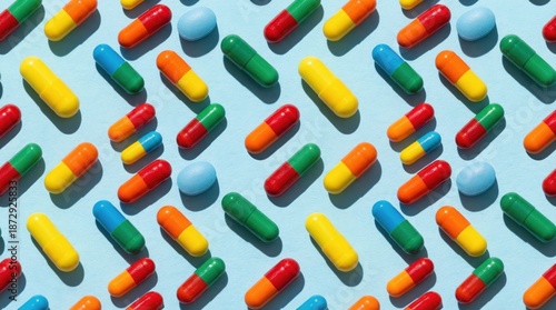 Abstract background of colorful triangles and cubes illustrating a medical concept with pills and capsules for pharmaceutical healthcare treatment